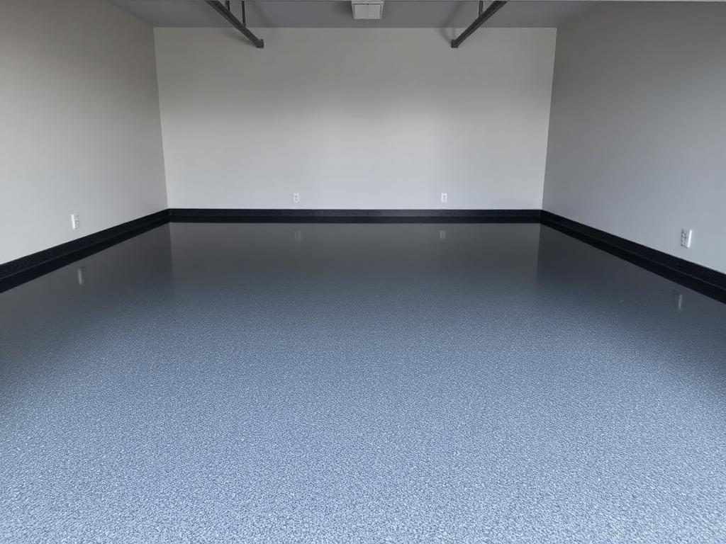 Newly poured epoxy floor coating in a Williams Landing residential garage with slate-grey finish.