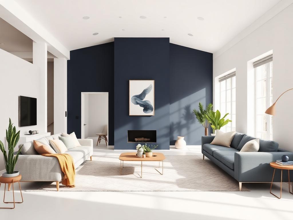 Freshly repainted open-plan living area in a Hoppers Crossing family home with crisp white walls and deep navy feature wall.