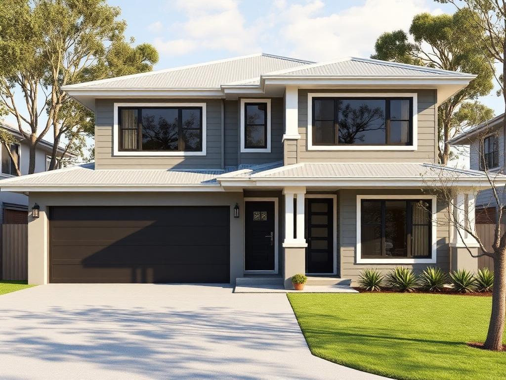 Modern rendered double-storey Point Cook home repainted in warm grey with white trim and a black front door.