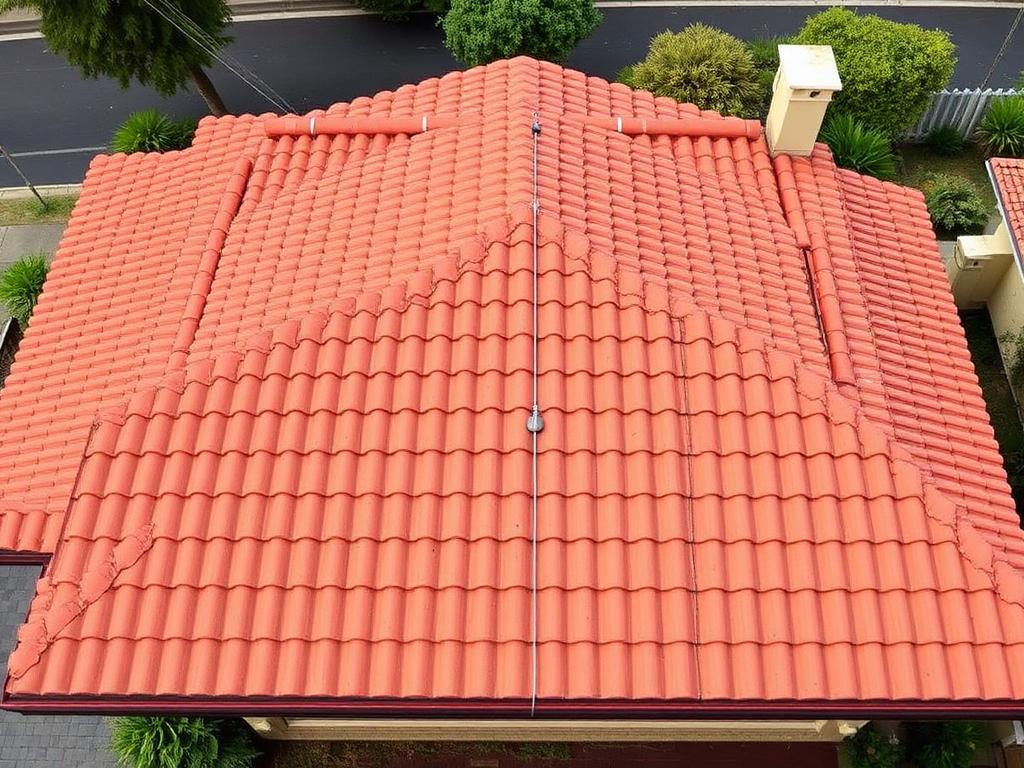 Restored terracotta tile roof on a Tarneit home after cleaning, re-pointing and two coats of premium roof coating.