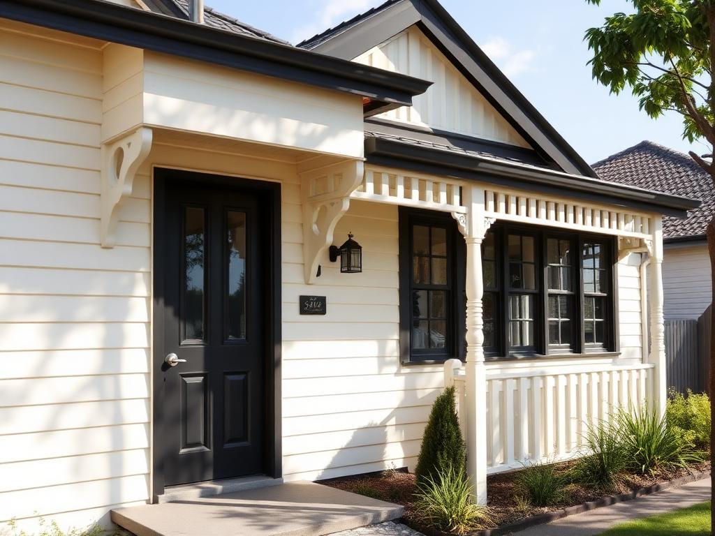 Full exterior repaint of a heritage weatherboard home in Werribee, painted warm off-white with charcoal trim.