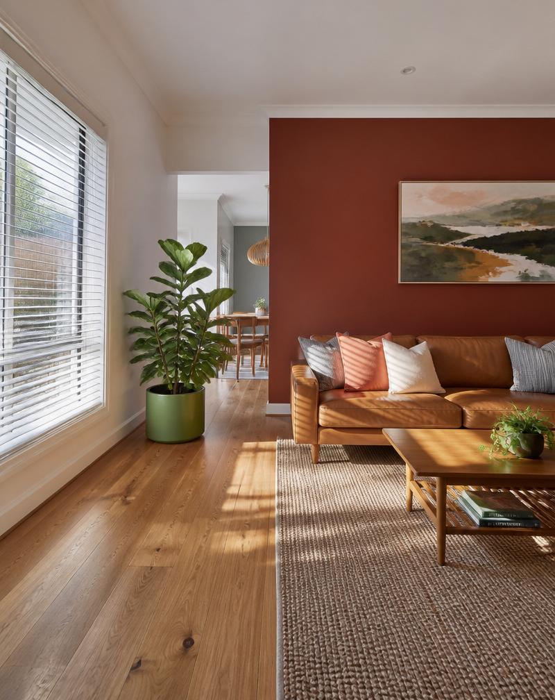 Freshly repainted Wyndham living room — crisp white walls and warm terracotta feature wall